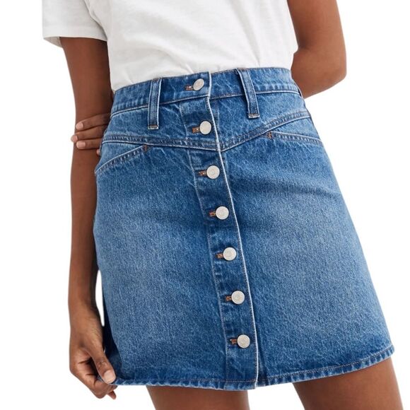 Madewell Stretch Denim A Line Snap Mini Skirt Button Front Womens Size 25 - Picture 3 of 12